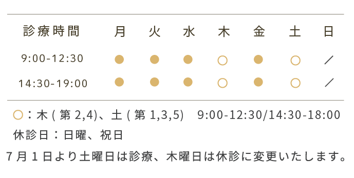 診療時間、月火水金9:00から12:30、14:30から19:00、木（第2,4）土（第1,3,5）9:00から12:30、14:30から18:00、日曜日祝日休診